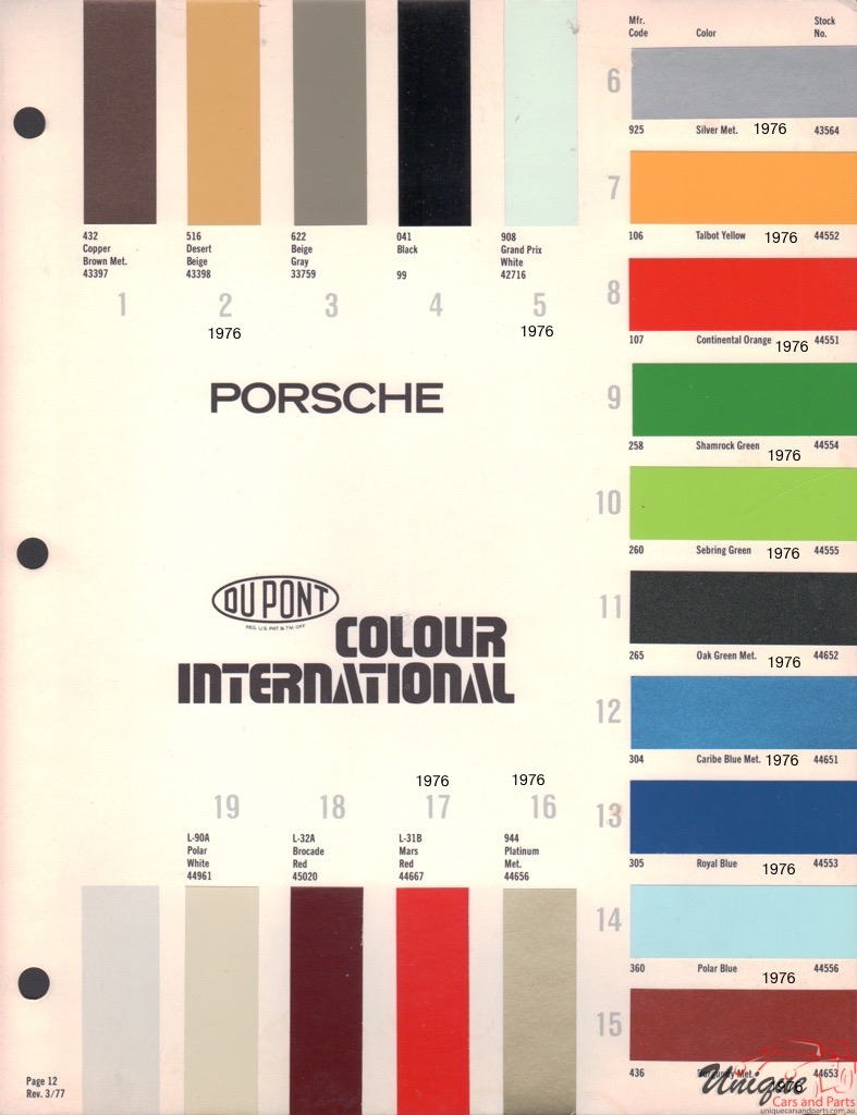 1976 Porsche International Paint Charts DuPont 3